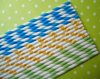 Paper Straws - Summer Splash Trio - Blue and Green Stripes and Yellow Polka Dots (30) - Includes Printable Flag Pennants - SALE - SAVE 15%