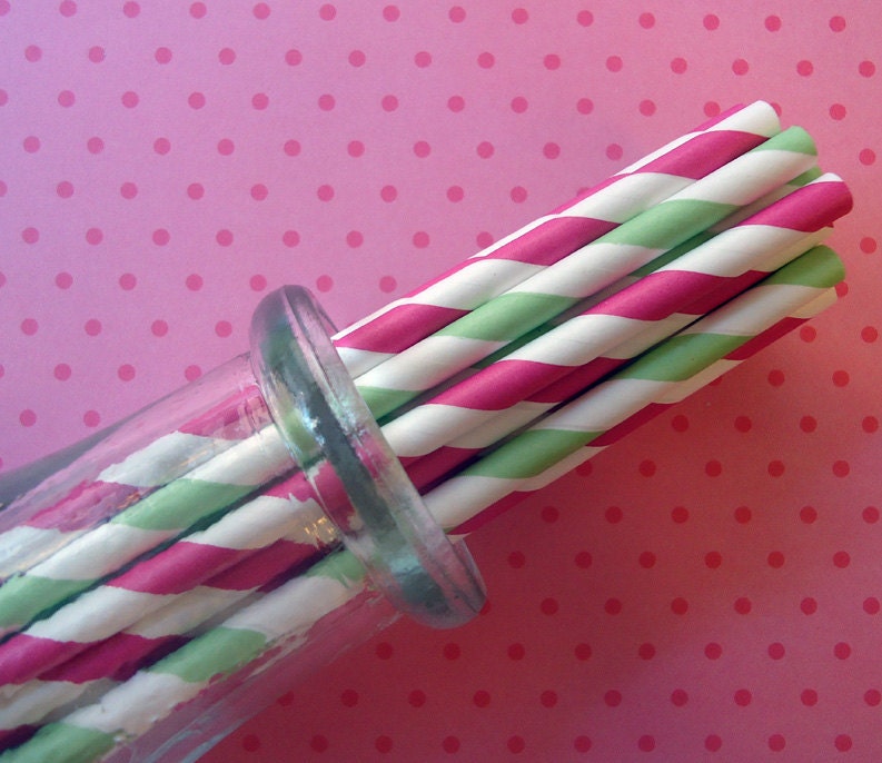 Paper Straws - Preppy Duo - Hot Pink Stripes and Green Stripes (30) - Includes Printable Flag Pennants - SALE - SAVE 15%