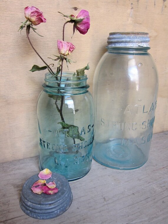 Items similar to Antique Atlas Blue Mason Jars with Zinc Lids Set of