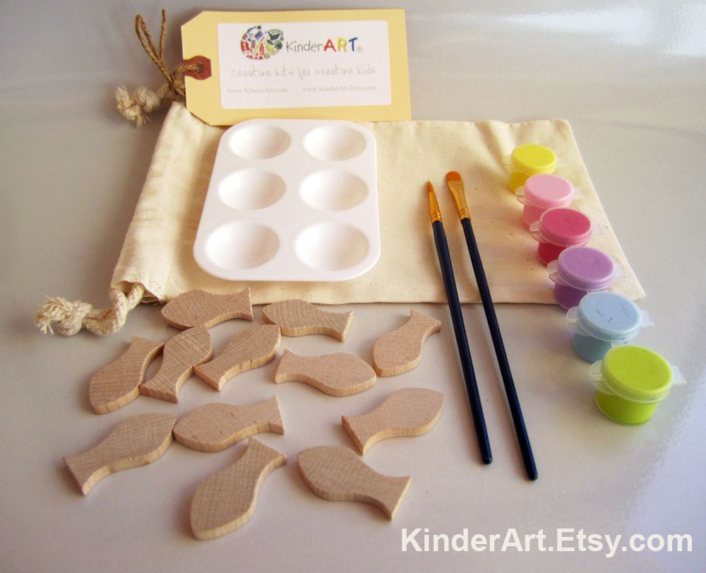 DIY Wooden Fish and Paint Kit (Warm Tropics) in a Bag Arts and Crafts Kit for Kids