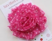 Shabby Chic Sweet and Simple Hot Bright Pink with White Polka Dots Frayed Chiffon Rose Flower Rosette Hair Clip Clippie