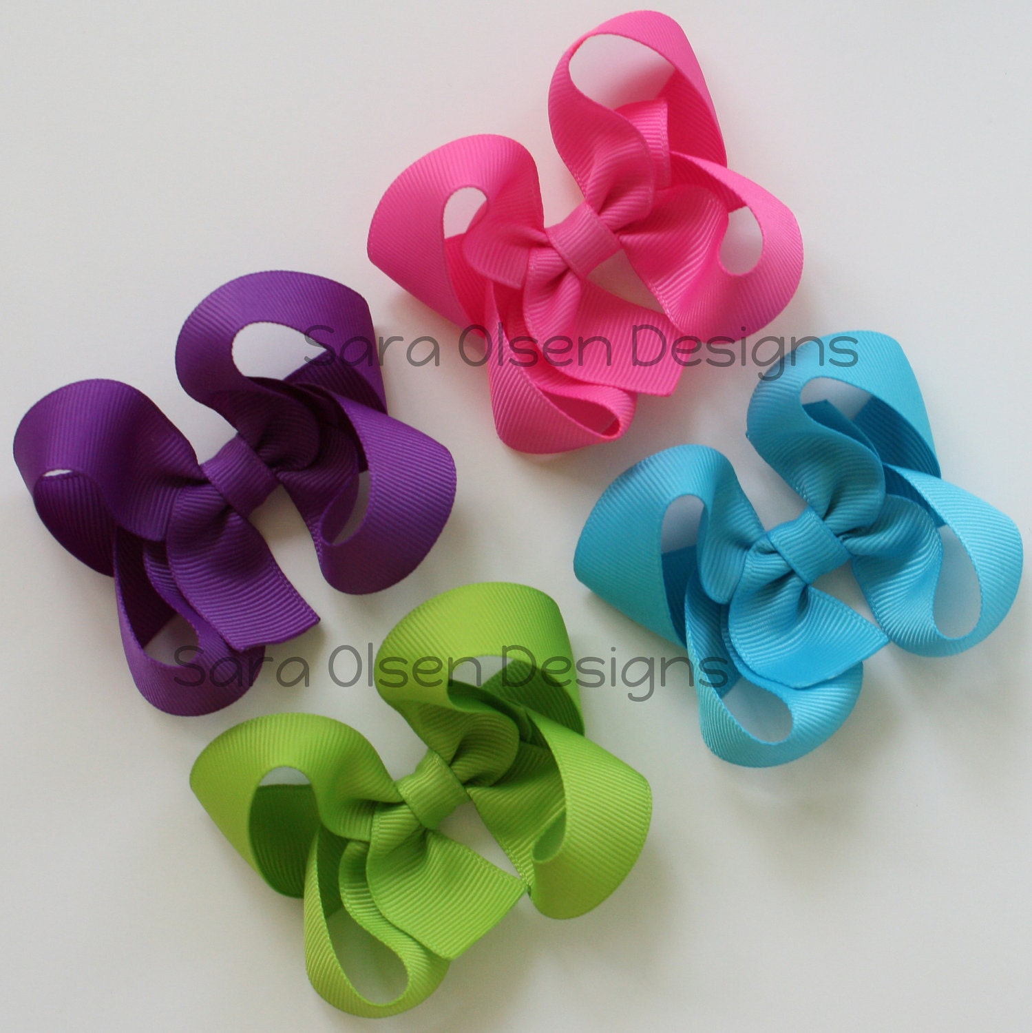 Set of 4 Classic Apple Green Turquoise Pink Purple Summer Basic Medium Sized 3 Inch Butterfly Twisted Hairbows Bows Clips Back to School