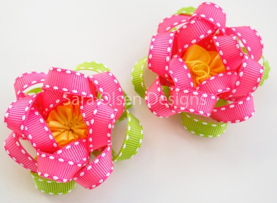 Pair of 2 Flower Hairbows, Bright Pink White Yellow and Green, Flower Hair Clippies, Pigtails, Toddler Hairbows, Girls Hairbows, Hair Clips