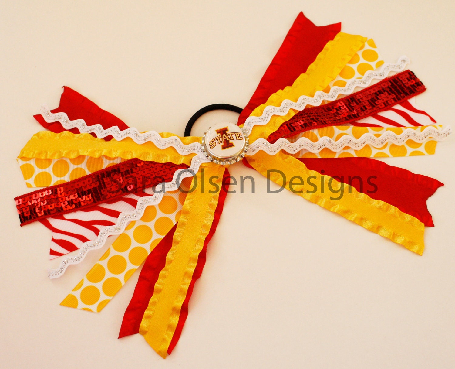 Iowa State Cyclones Bottlecap Red Gold Yellow and White Polka Dot Zebra Stripped and Sequins Ponytail Streamers