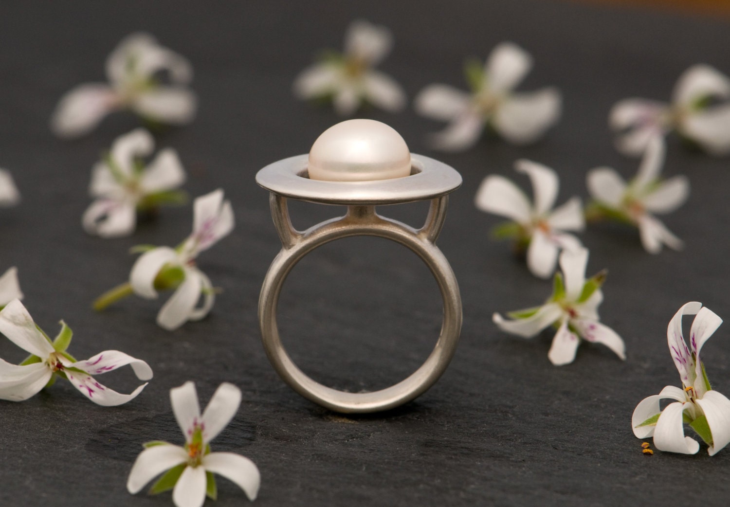 PEARL RING - White Pearl Sterling Silver Halo Ring