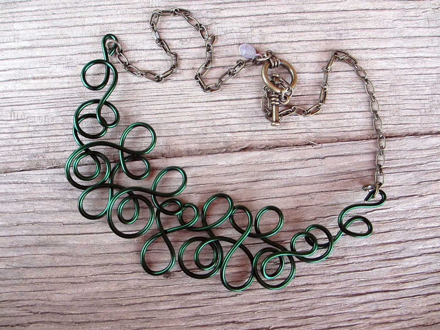 Wire Bib Necklace Dark Forest Green Wire Art