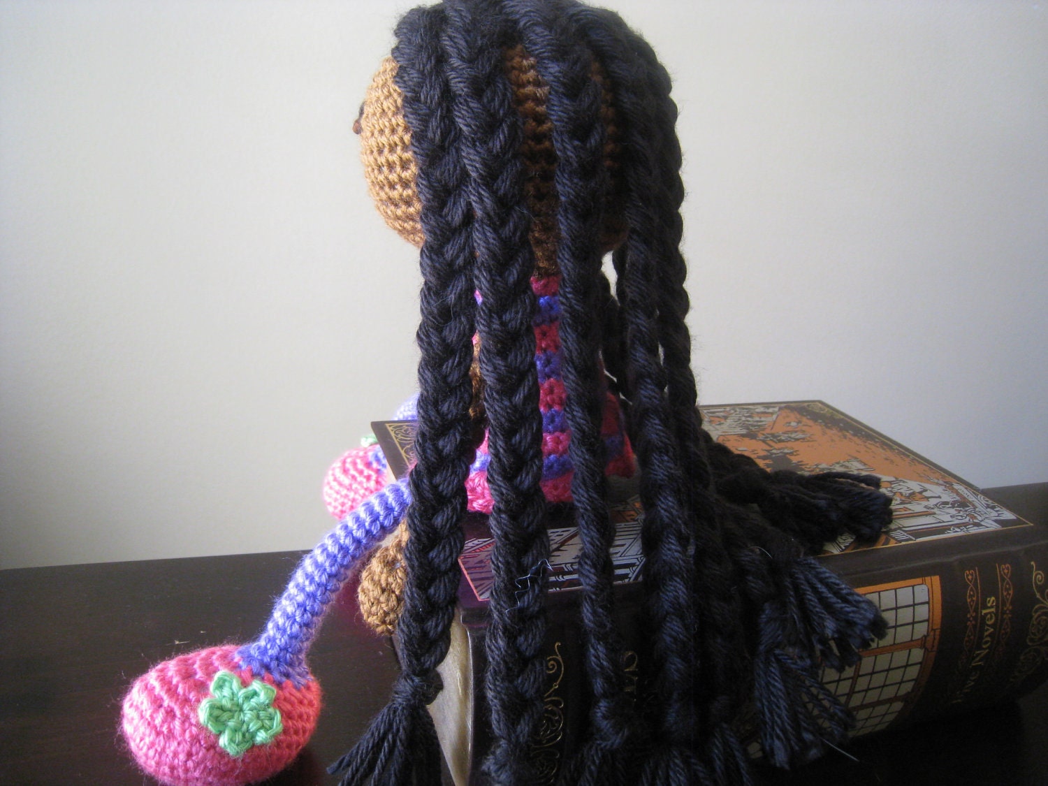Crochet African American Plush Vegan Doll Black Braids Pink Purple Green Stuffed Toy Baby Girl Gift, MADE TO ORDER (other colors available)