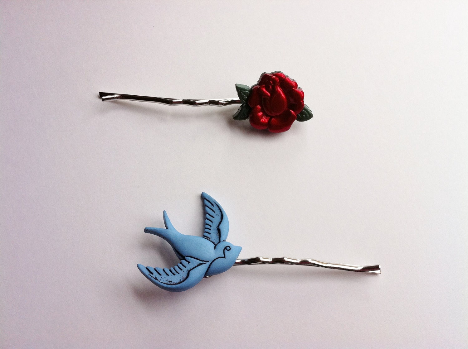 Blue Sparrow and Red Rose Bobby Pin Hair Clips-Women Accessories- Pinup Girl Accessories - Retro Hair Clips- Bobby Pins