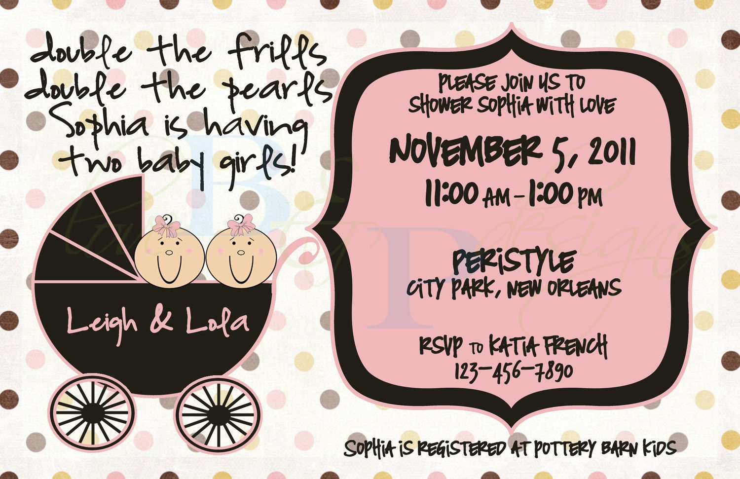 Twin Girls Carriage - Baby Shower Invitation - digital design