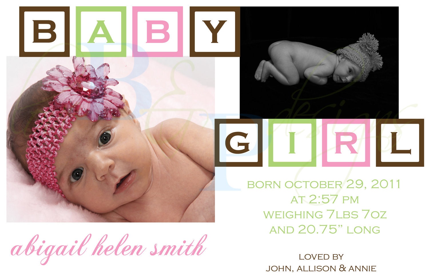 Girl Baby Blocks - Birth Announcement