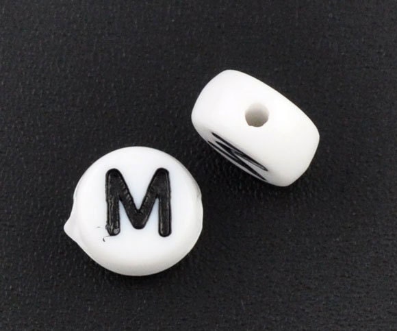 50% Off Sale Alphabet Beads Letter M Black and White 7mm flat 25 pcs