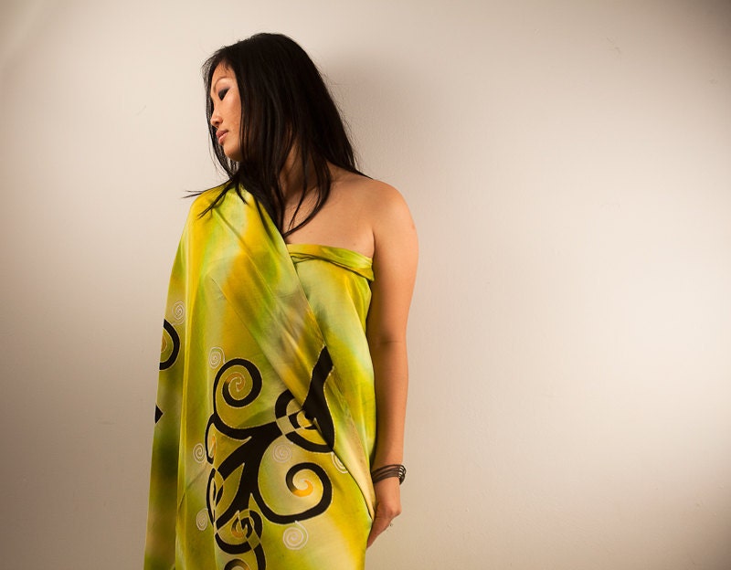 Beach Cover Up or Cotton Wrap Shawl in Tri Color Green with Tribal Tree Decorations - Hand Painted - Beach Sarong - Pareo - Green Wrap Dress