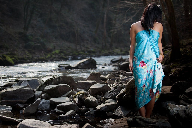 Beachwear - summer beach wear - Koi fish hand painted silk sarong - pareo - lava lava - pale blue - beach honeymoon gift - beach wedding