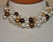 Queen Of The Sea cluster gold,white,chocolate brown pearl rhinestone statement bib necklace