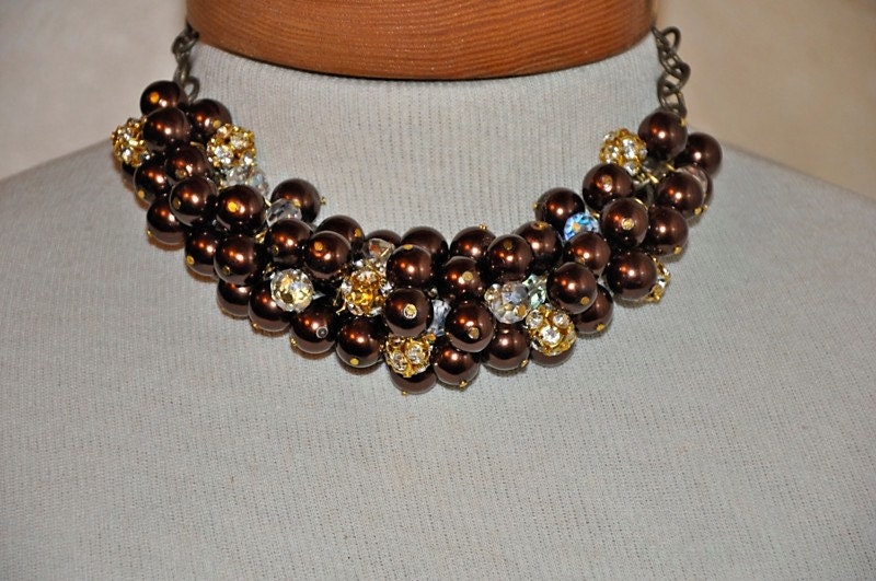 Cluster Beaded Necklace,Statement Necklace,Bridal Necklace,Chocolate Pearl Necklace,Bridal Pearl Necklace,Rhinestone,Queen Of The Sea
