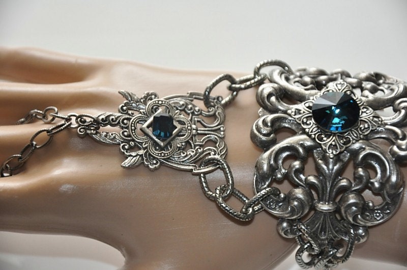 Victorian Gothic Bracelet,Cuff Bracelet,Gothic Slave Bracelet,Swarovski Crystal MONTANA Blue Slave Bracelet,Vintage Style,Antique Silver