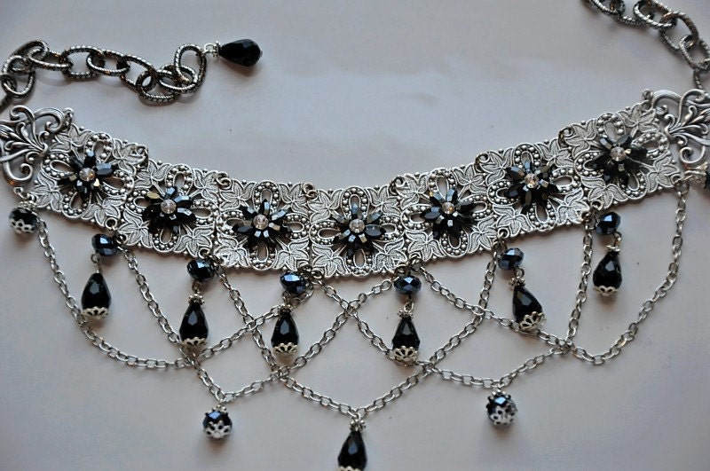 Victorian Gothic Choker, Swarovski Crystal Jet Black & Hematite Necklace,Filigree Necklace,Antique Silver,Gothic Choker Necklace, BEWITCH