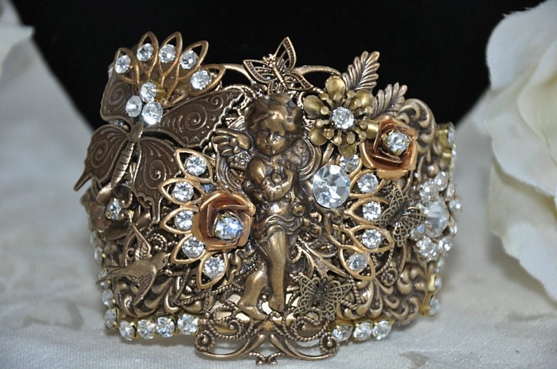 RESERVE for Cecilia Villacorta....Swarovski Crystal Clear brass cuff vintage inspired victorian filigree angel bracelet BUTTERFLY WISHES