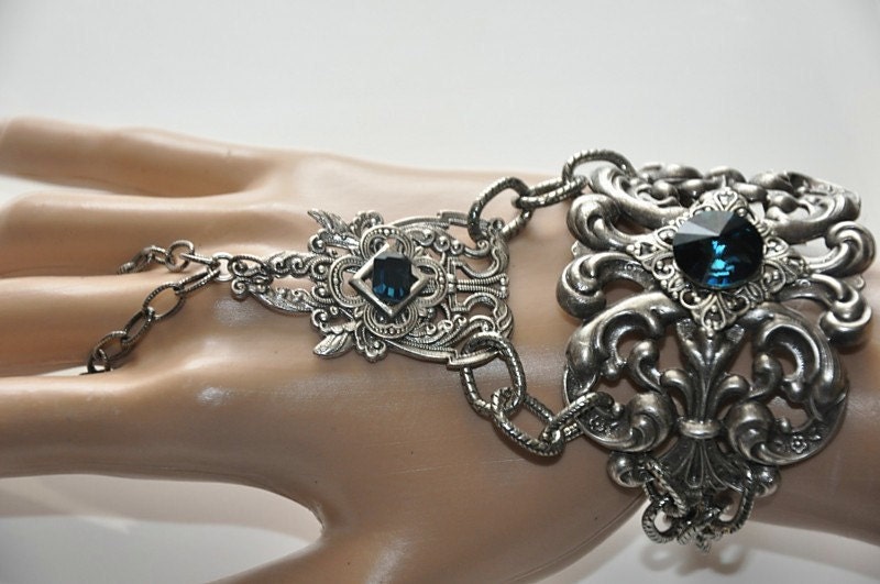 Victorian Gothic Bracelet,Cuff Bracelet,Gothic Slave Bracelet,Swarovski Crystal MONTANA Blue Slave Bracelet,Vintage Style,Antique Silver