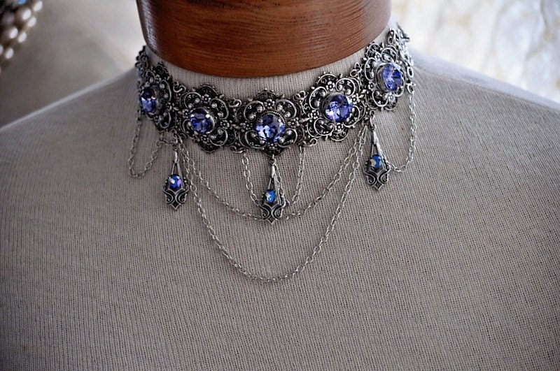 Bridal Victorian ChokerNecklace,Swarovski Crystal TANZINITE,Vintage styleAntique Silver,Swag,Festoon,Wedding Jewelry,Filigree,SOPHIA