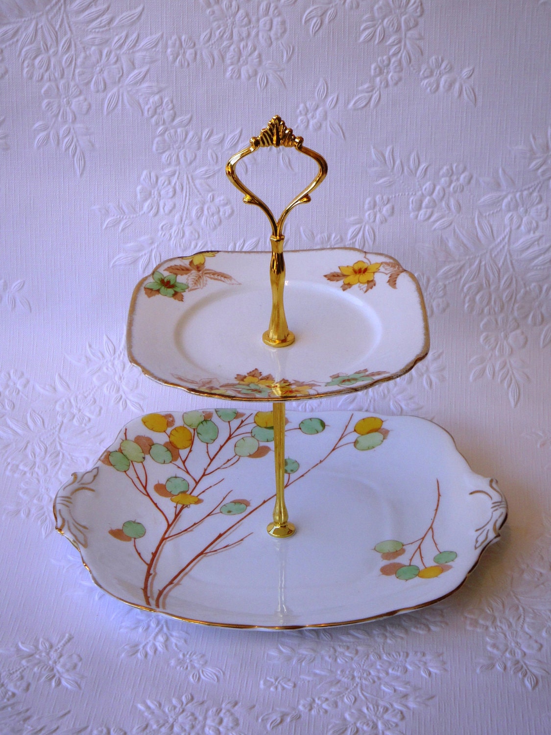 Vintage 2 Tier Cake Stand Royal Stafford Bell China Green Yellow Gold Plates