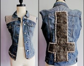 IL Double Shoulder Studded Denim Vest with Inverted Cross