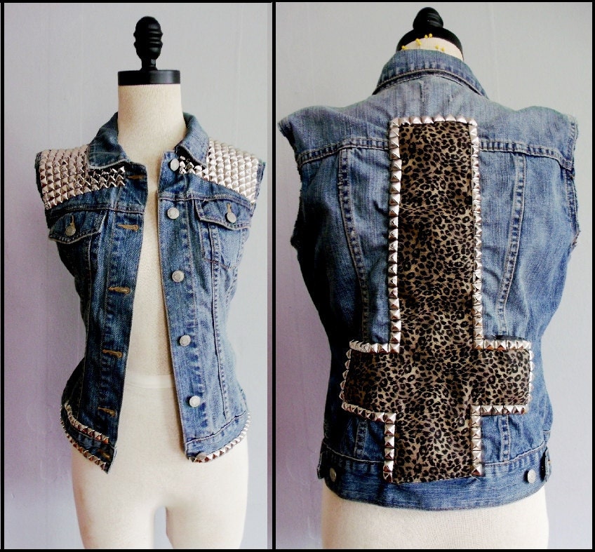IL Double Shoulder Studded Denim Vest with Inverted Cross