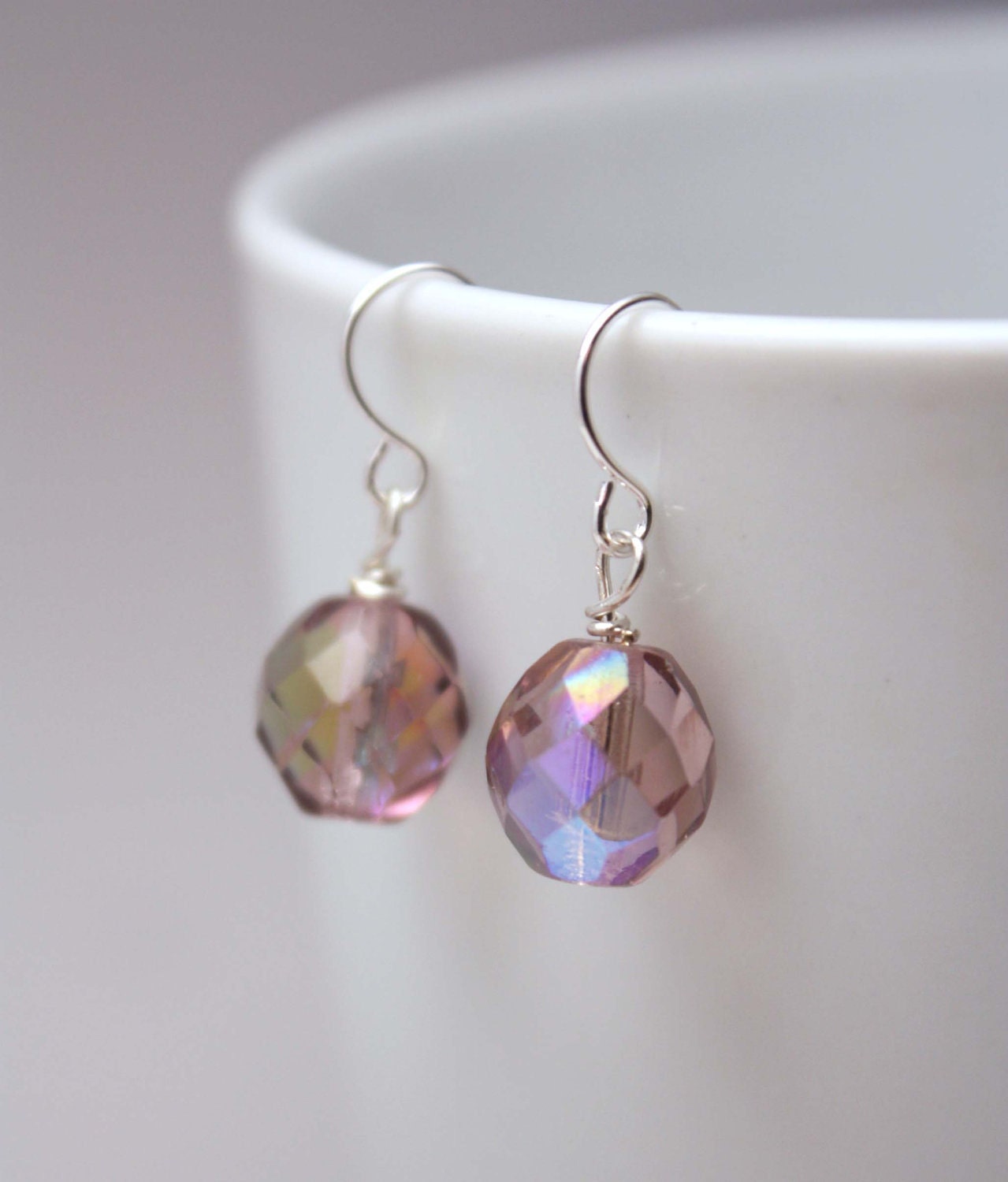 Simple Dangle Earrings - light amethyst Czech fire polish glass beads - simple everyday jewelry