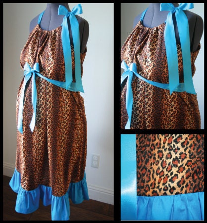 Maternity Hospital Gown - Cheetah Print, Turquoise Ruffle