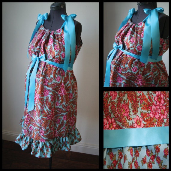 Maternity Hospital Gown -Blue with Pink Flowers, Matching Ruffle