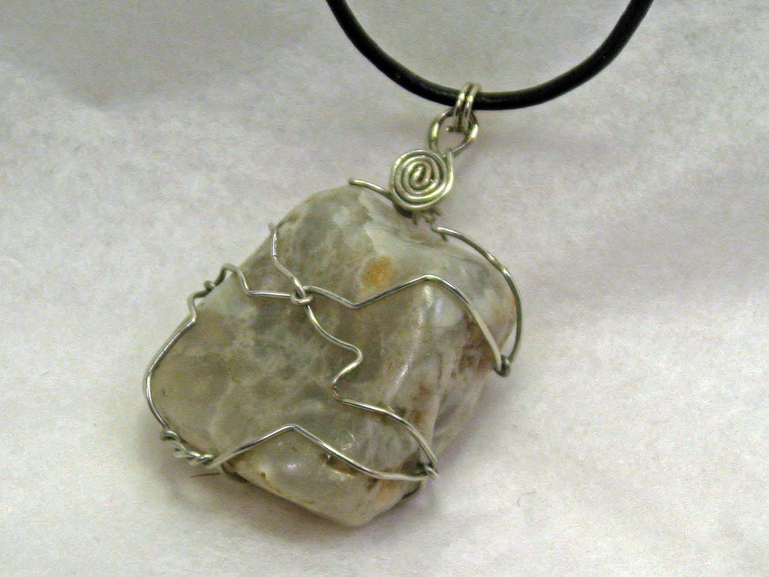 natural beach stone wire wrapped white pendant