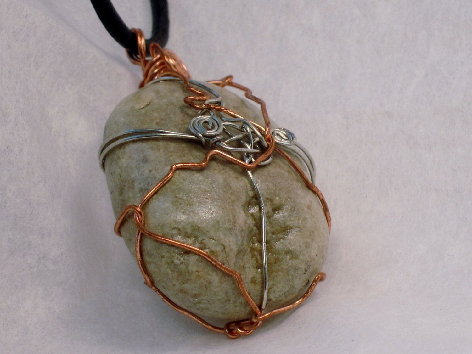 beach stone necklace, double wire wrapped pendant, white stone