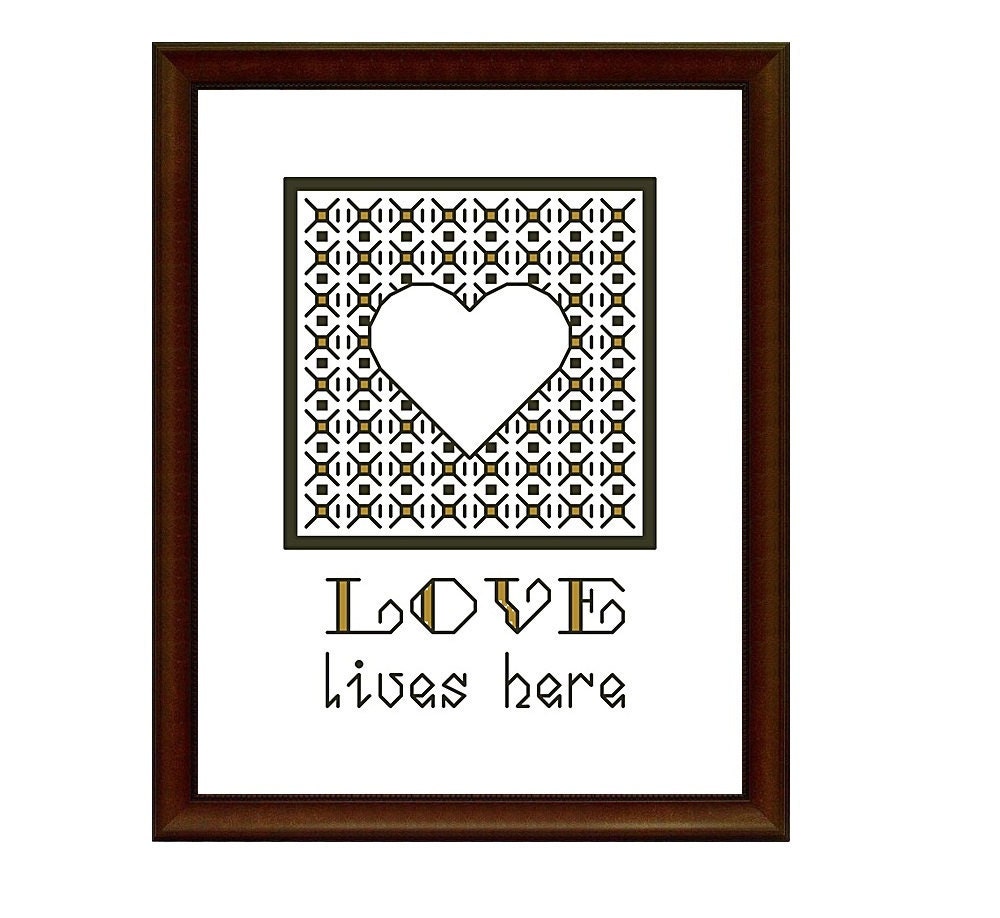 blackwork embroidery pattern, cross stitch pattern, pdf, LOVE LIVES HERE