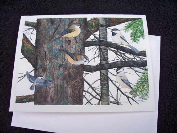 Bird note card watercolor chickadees boreal chickadees greeting card