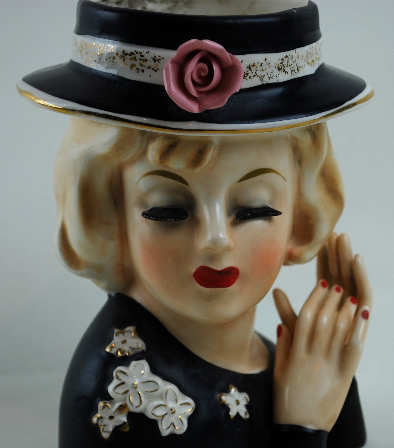 Lady Head Vase with Rare Two Hands Hat Rose by independencevintage