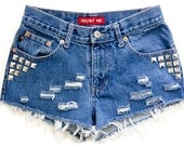 Studded Shorts Vintage Distressed High Waisted Blue Denim Hipster Boho Hippie Upcycled Levi Extra Small XS W27