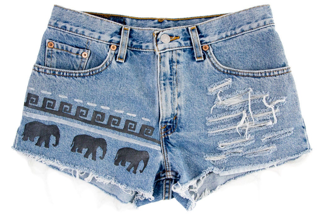 Tribal/Aztec Elephant Shorts, Hand Painted, Vintage Distressed High Waisted Denim, Upcycled W31