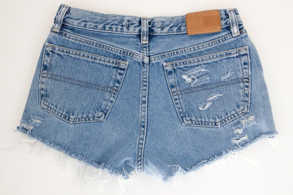 Black Lace Shorts, Handmade, Vintage Distressed High Waisted Denim, Upcycled W