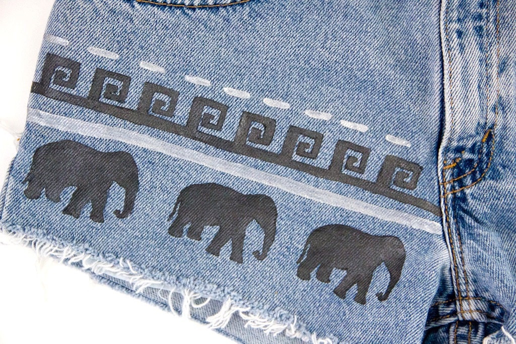 Tribal/Aztec Elephant Shorts, Hand Painted, Vintage Distressed High Waisted Denim, Upcycled W31