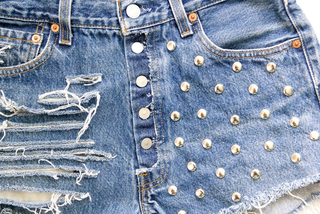 Studded Shorts, Vintage Distressed High Waisted Denim W30