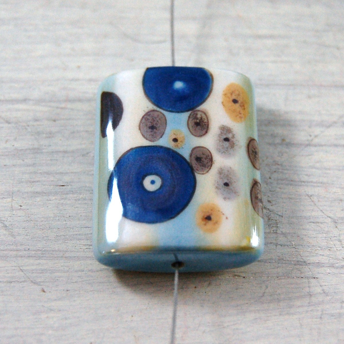 Porcelain Focal Bead Hand Painted Blue, Yellow and Gold Pendant