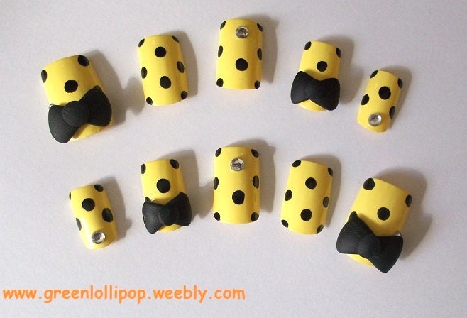Japanese 3D Nail Art Set -Yellow with Black Polka Dots, Black Bows and Gemstones