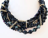 Black/Gold - Layered Chain & Bead Necklace - OOAK