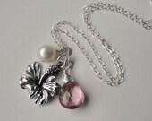 Delicate flower necklace, STERLING SILVER, fresh water pearl,Hawaiian, Pink Quartz gemstone, wire wrapped, charm, Hibiscus, bridesmaid
