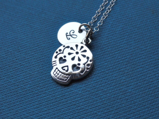 Sugar skull necklace, STERLING SILVER, initial stamped charm, personalized jewelry, bridesmaid gift, simple charm necklace, stamped jewelry