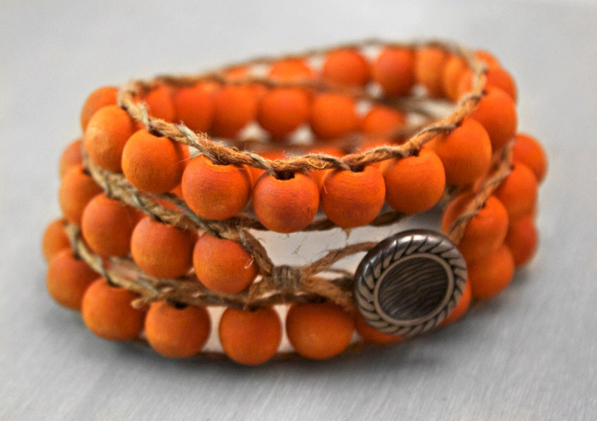 RESERVED FOR LINDSEY Wrap Bracelet Mala Buddhist Rosary with Orange Wood Beads on Hemp with Button Closure