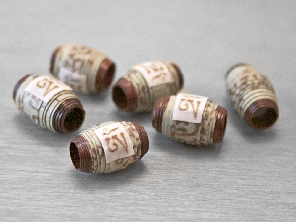Mantra Beads - Om Prayer Scroll Handmade Paper Beads - Om Mani Padme Hum - Lichen Green - 6 pcs