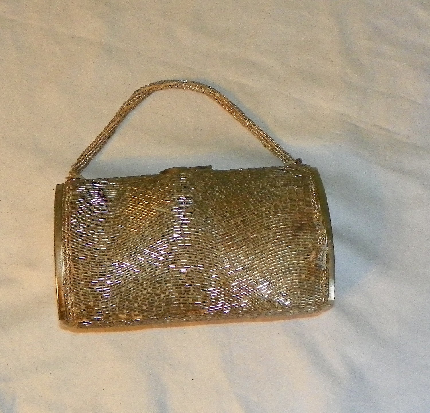 Vintage Silver Beaded Purse Seed Bead  Handbag Bag Evening Classic Elegant Hand Made in Japan