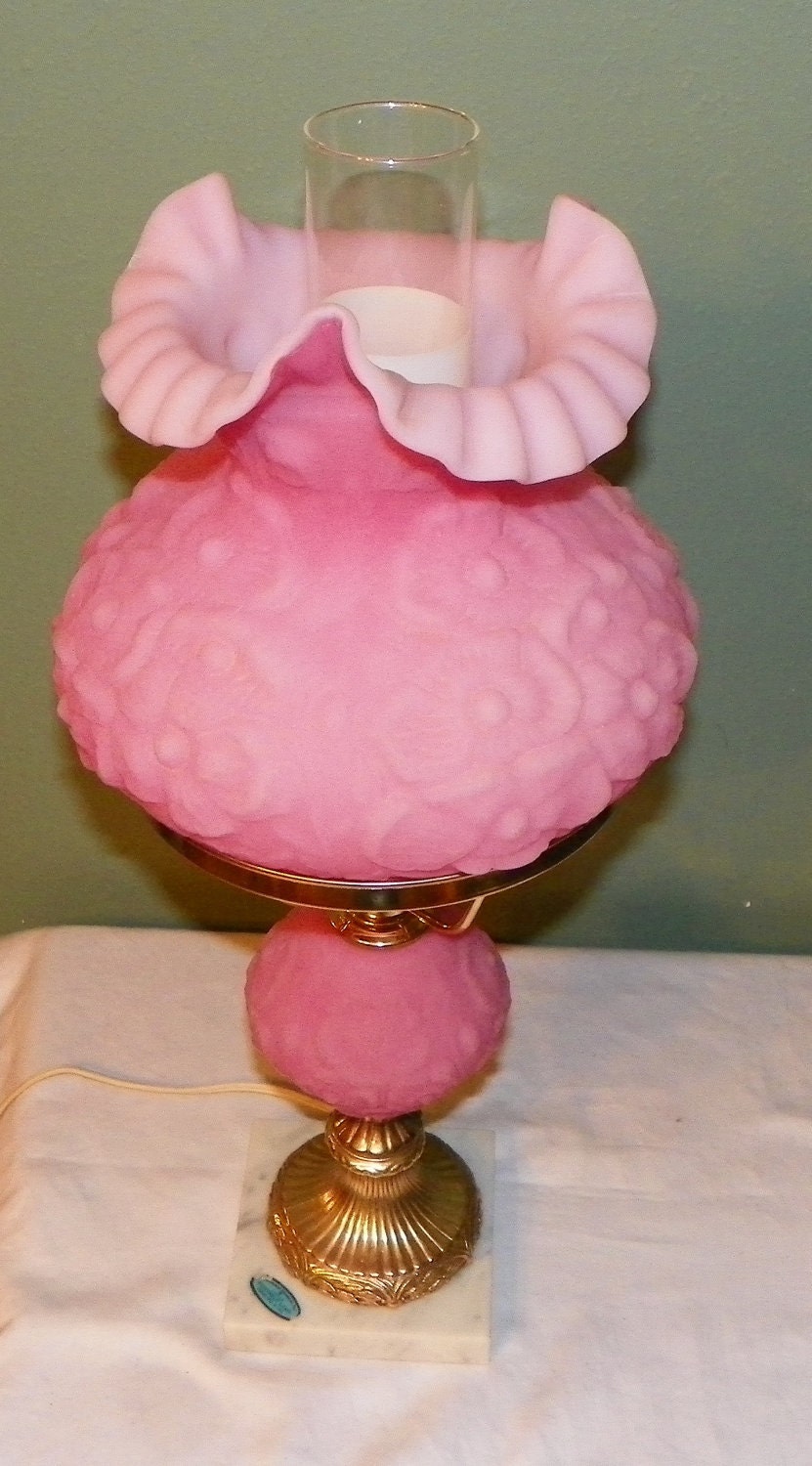 Vintage Fenton STUDENT LAMP Poppy Pink Satin Glass Desk Table Light  brass marble