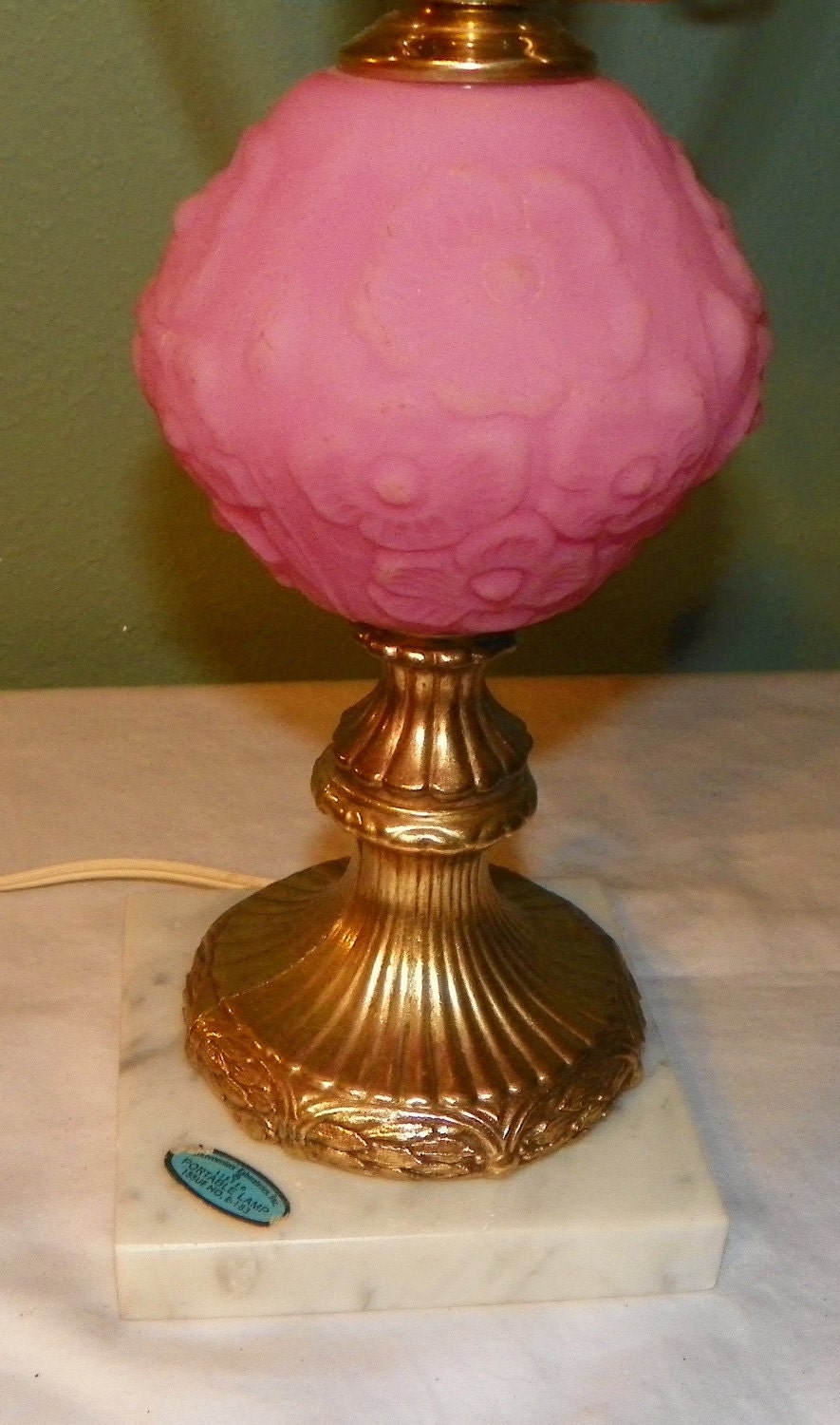 Vintage Fenton STUDENT LAMP Poppy Pink Satin Glass Desk Table Light  brass marble